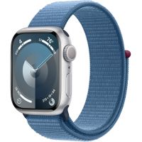 Apple Watch Series 9, 41 мм, корпус из алюминия серебристого цвета, нейлоновый ремешок цвета «ледяной синий»