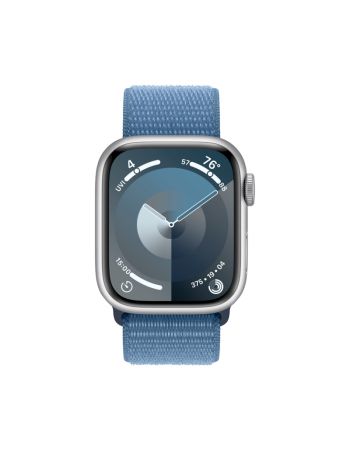 Apple Watch Series 9, 41 мм, корпус из алюминия серебристого цвета, нейлоновый ремешок цвета «ледяной синий»