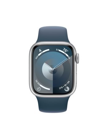 Apple Watch Series 9, 41 мм, корпус из алюминия серебристого цвета, спортивный ремешок цвета «грозовой синий», размер M/L